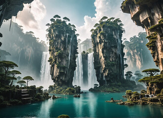 Surreal dreamscape with floating islands and waterfall
