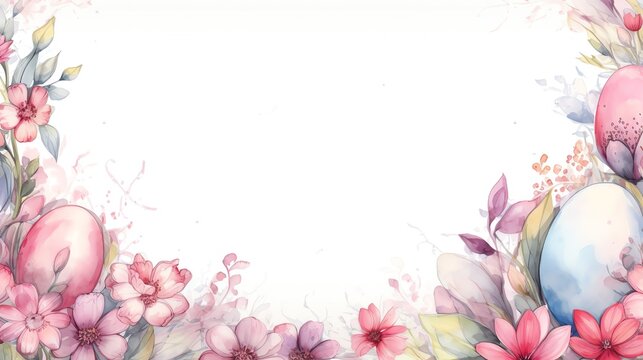 Watercolor Easter border with eggs and flowers on white background.