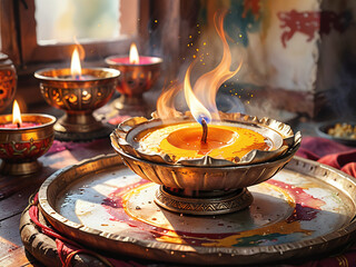 Traditional Tibetan butter lamp burning in a digital watercolor painting