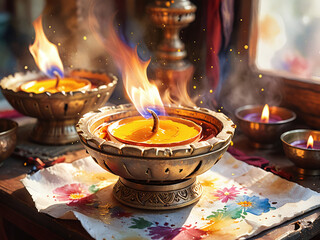 Traditional Tibetan butter lamp burning in a digital watercolor painting