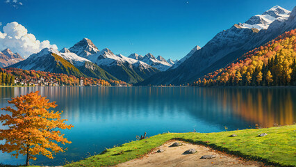 Anime wallpaper looking at a quiet lake next to majestic mountains in autumn