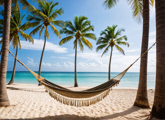 Tropical beach scene with coconut trees and a hammock