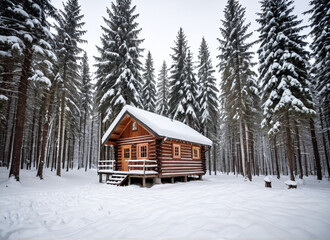 Winter scene with a snow-covered forest and a wooden cabin