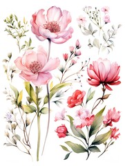 Watercolor floral illustration with pink and red flowers and greenery on a white background.
