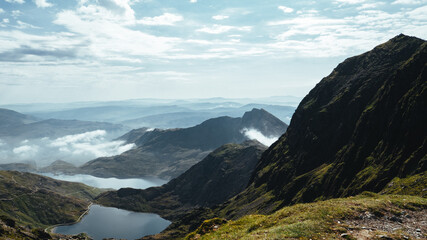 Mountain range of Snowdonia and the summit of Snowdon, Wales