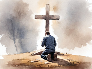 A man kneels and prays before a cross in a digital watercolor painting
