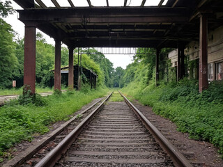 Fototapeta premium Abandoned train station with overgrown tracks