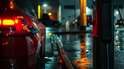 Obraz premium Electric car charging at night in a city