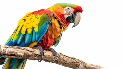 A vibrant pastel-colored parrot perched on a branch, with colorful feathers and a curious gaze, on a white background
