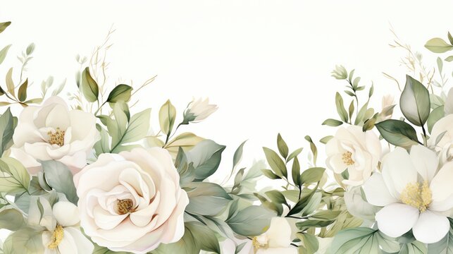 Elegant watercolor white roses and greenery border on white background.