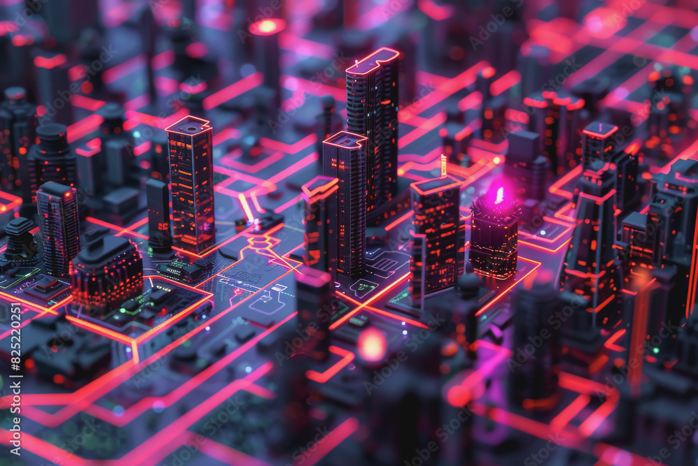 Aufkleber futuristic cityscape with an abstract background with neon lines connecting the points.