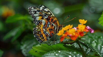 Obraz premium A close-up photo of a butterfly resting on a flower, its wings adorned with raindrops and its vibrant colors contrasting with the verdant backdrop of the forest.
