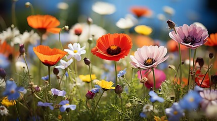 Obraz premium Vibrant wildflowers bloom in a meadow, showcasing a colorful tapestry of nature.