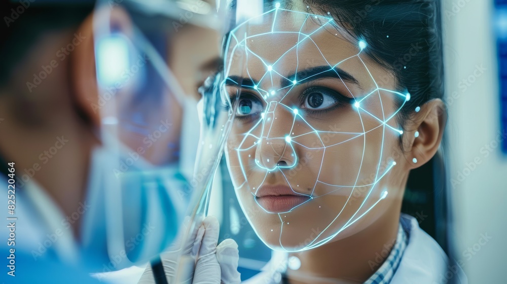 Poster a close-up photo of a doctor using a facial recognition scanner to diagnose a patient's condition,