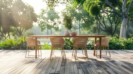 Serenity at Sunset: Table and Chairs Adorn Wooden Haven