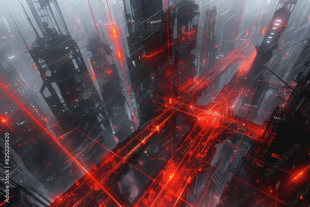 Aufkleber futuristic cityscape with an abstract background with neon lines connecting the points.