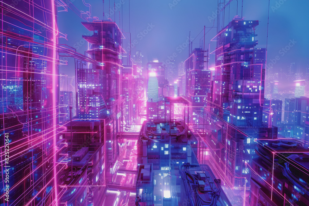Aufkleber futuristic cityscape with an abstract background with neon lines connecting the points.