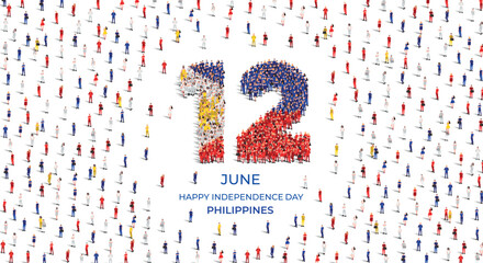 Happy Independence Day Philippines. A large group of people form to create the number 12 as Philippines celebrates its Independence Day on the 12th of June. Vector illustration.