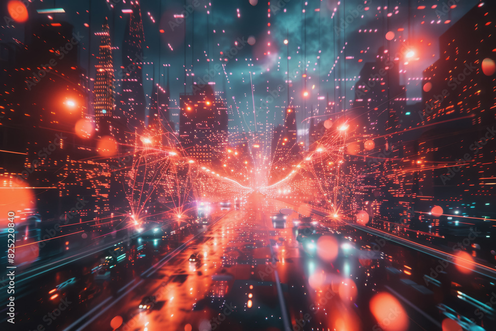 Aufkleber futuristic cityscape with an abstract background with neon lines connecting the points.