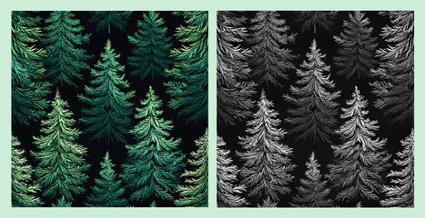 Set of seamless Green and black white Christmas tree pattern illustration background. Generative ai.