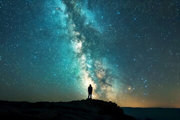 Fototapeta premium Silhouette of a person standing on a cliff, gazing at the vast, star-filled Milky Way.