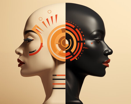 illustration of the faces a black and a white female head blended with traditionethnic designs together looking in opposite directions representing concepts such as janus face, diversity, relationship