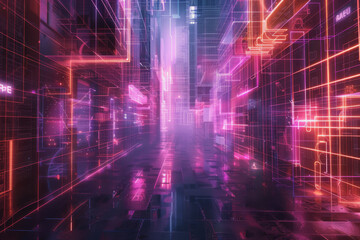 Futuristic cityscape with an abstract background With neon lines connecting the points.