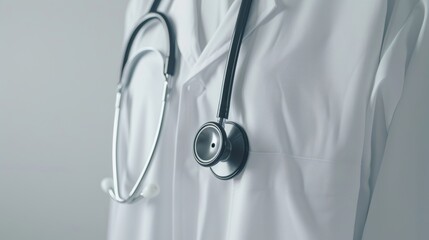A close-up photorealistic image of a classic black stethoscope draped over a white lab coat with ample blank space above for text, set against a clean white background.