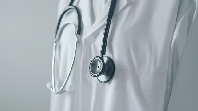 A close-up photorealistic image of a classic black stethoscope draped over a white lab coat with ample blank space above for text, set against a clean white background.