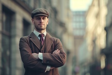 Stylish young man in classic attire stands confidently on an urban street