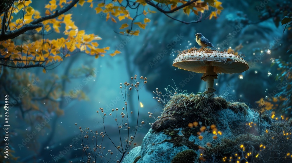 Wall mural enchanted mushroom with a golden coin in a foggy forest - Wall murals