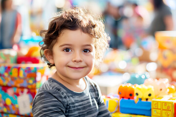 A young boy with curly hair and a striped shirt smiles brightly at a colorful indoor toy store.