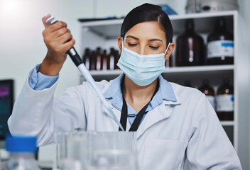 Woman, technician and medical research for covid 19, vaccine and pipette with mask, lab for pharma innovation. Female person, scientist and sample in healthcare for chemistry in forensic for results