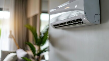 Whispering Chill: A Wall Mounted Air Conditioner Breathes Cool Air on a Sunlit Wall