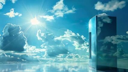 Server rack stands against cloudy sky with sun shining brightly - Powered by Adobe
