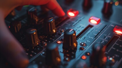A close-up shot of an equalizer's knobs and sliders being adjusted, with the user's hand visible in the frame.