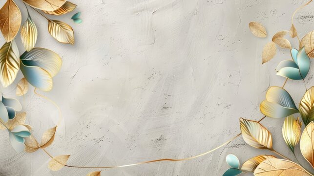Floral border with gold and teal leaves on a light textured background.