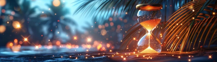 Naklejka premium Magical hourglass glowing in palms, star dust and ethereal lights, timeless night ambiance