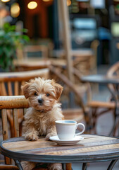 A charming puppy enjoys coffee at an outdoor café table.