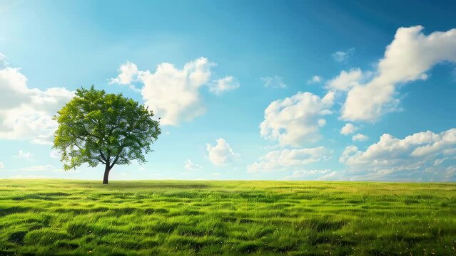 Single tree in lush green field under clear blue sky with fluffy white clouds