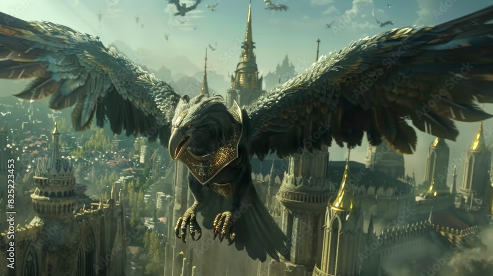 Wall mural fantasy eagle flying over a medieval city for epic or fantasy designs