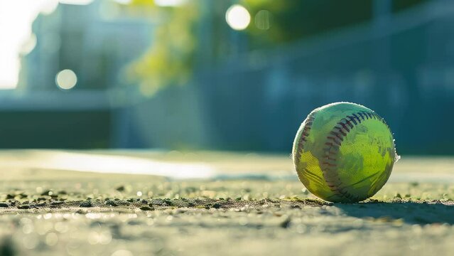 Worn softball lies on rough ground with sun flare in background