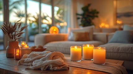 tranquil living room ambiance with cushions and candles evoking a cozy zen atmosphere, embodying the essence of peaceful home decor