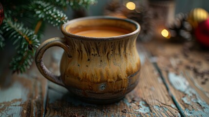 Photo of a rustic ceramic mug filled with hot chocolate, placed on a weathered wooden table, with a festive background including pine branches and blurred lights.