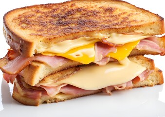 French toast sandwich with ham, bacon, cheese, and egg, isolated on a white background.