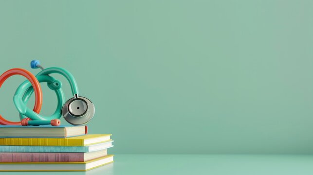 a colorful pediatric stethoscope playfully positioned on a stack of children's books, with ample blank space to the left for text, set against a clean light green background.