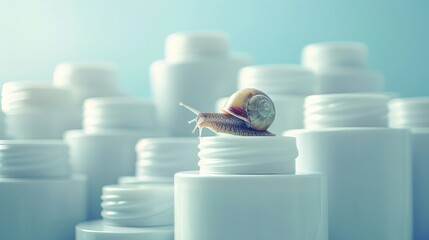 Photo of a snail on a white cream jar amidst a background of multiple white skincare containers with a soft blue hue.