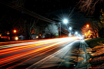 Long exposure shot of a road at night with light trails from passing cars.