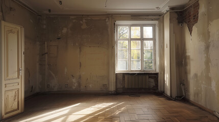 An apartment in an old tenement house being renovated or refreshed, where the original layers of paint are exposed on the walls and traces of old carpets are visible on the floor