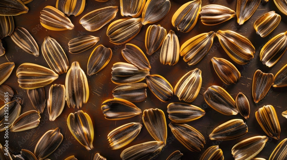 Poster sunflower seeds arranged on the surface to create a textured background